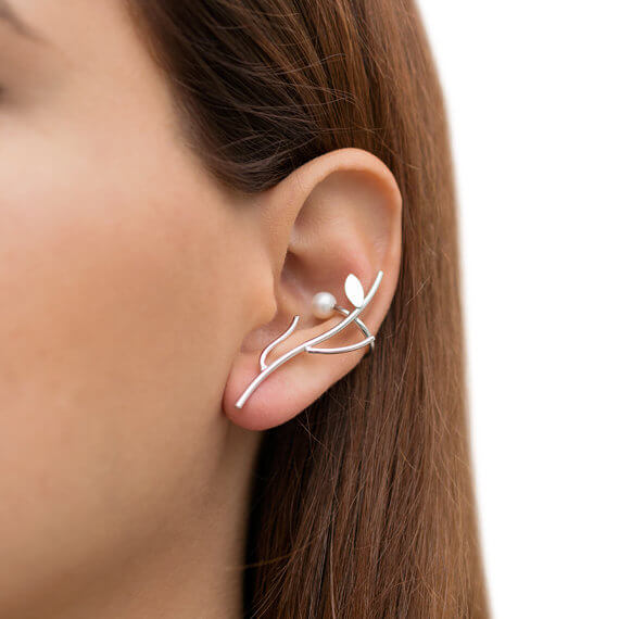 silver and pearl leaf ear cuff