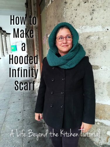A chunky hooded infinity scarf in squishy garter stitch protects your head and neck from the coldest Winter winds.