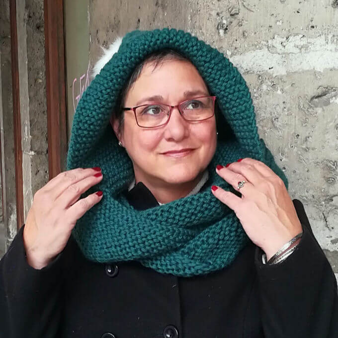 Hooded Garter Stitch Infinity Scarf modelled by the author