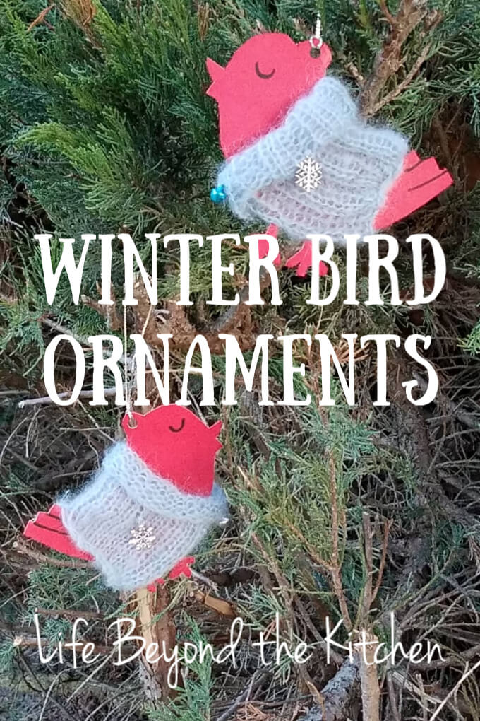Large photo of winter bird ornaments with text