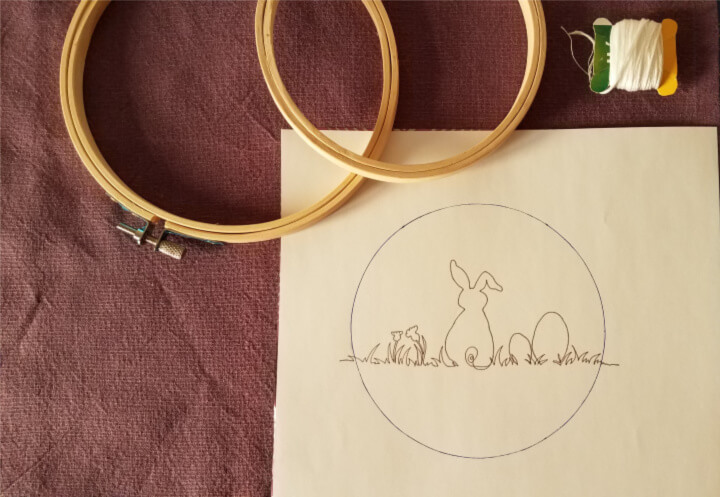 photo of embroidery hoops, some thread and the pattern to make a bunny embroidery project