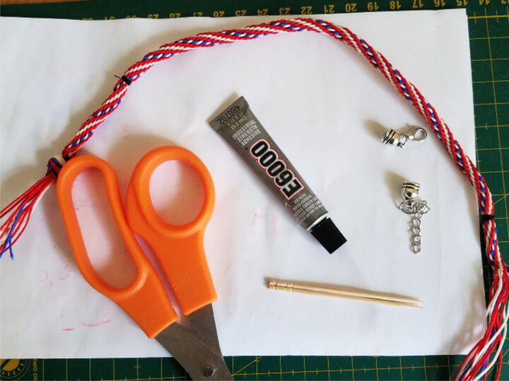 photo of supplies needed to turn a kumihimo braid into a bracelet