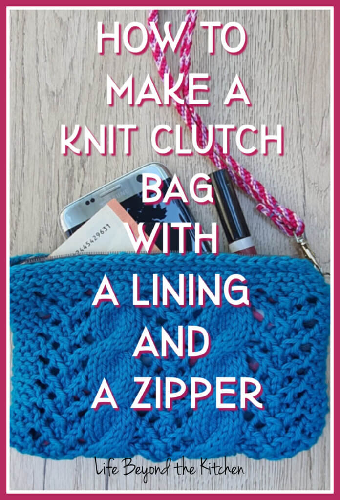 large photo with text How to Make a Knit Clutch Bag With A Lining And A Zipper