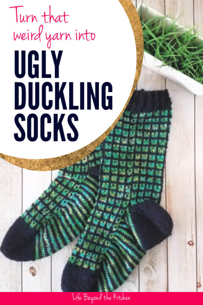 large photo with text featuring the ugly duckling socks in blue and green