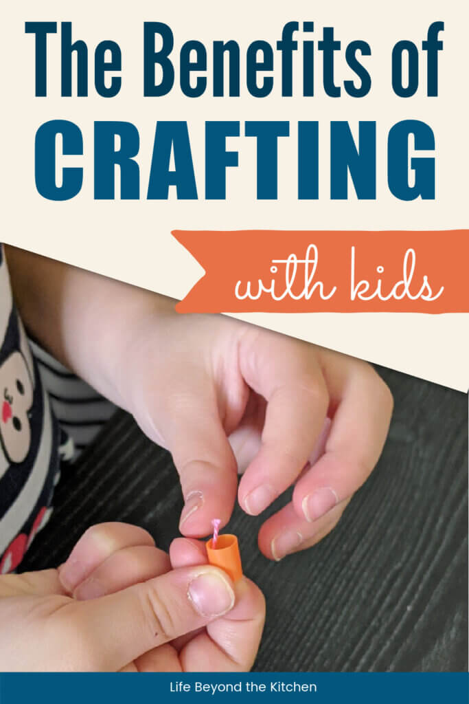 large image of child stringing beads with text The Benefits of Crafting With Kids
