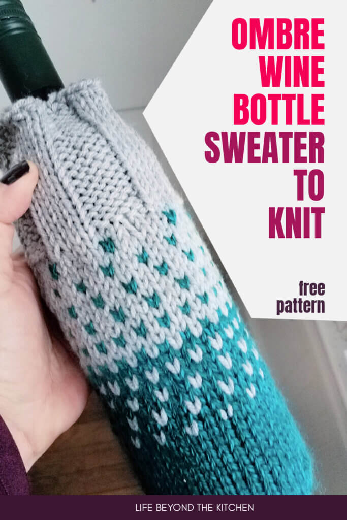large photo with text, "Ombre Wine Bottle Sweater to Knit  free pattern" 