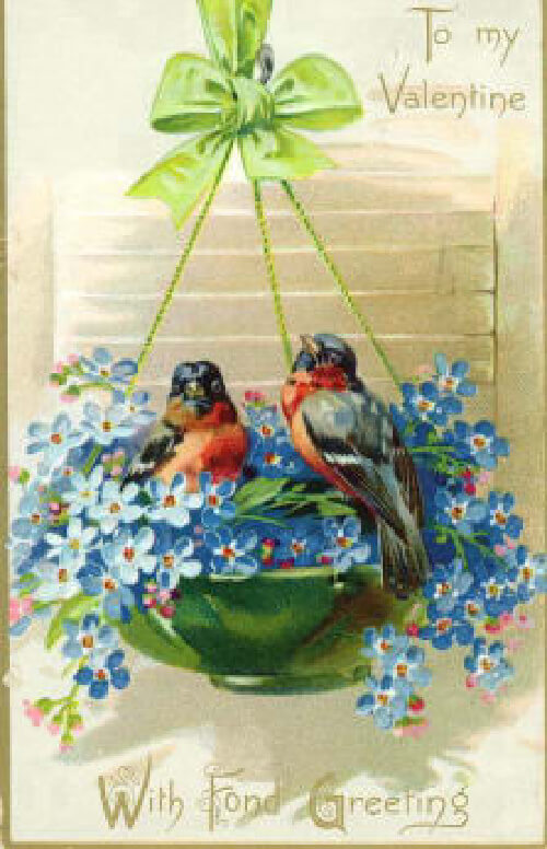 Victorian Valentine's Day Card with Robins and Flowers
