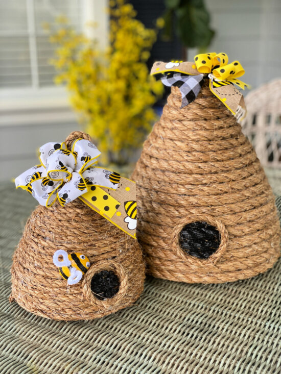 decorative bee skep made with jute cord