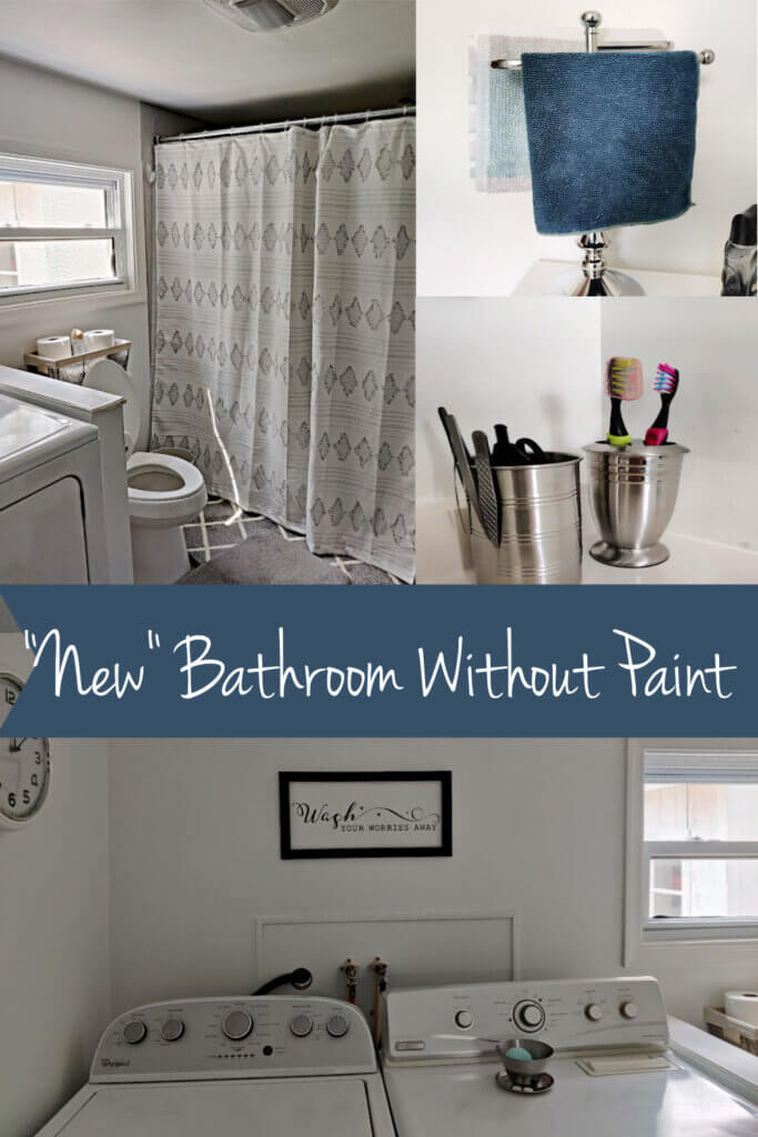 collage with bathroom scenes and text "New" Bathroom WIthout Paint